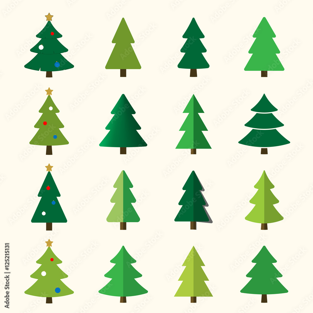Christmas tree cartoon icons set. Green silhouette decoration trees signs, isolated on white background. Flat design. Symbol of holiday, winter, Christmas celebration, New Year Vector illustration