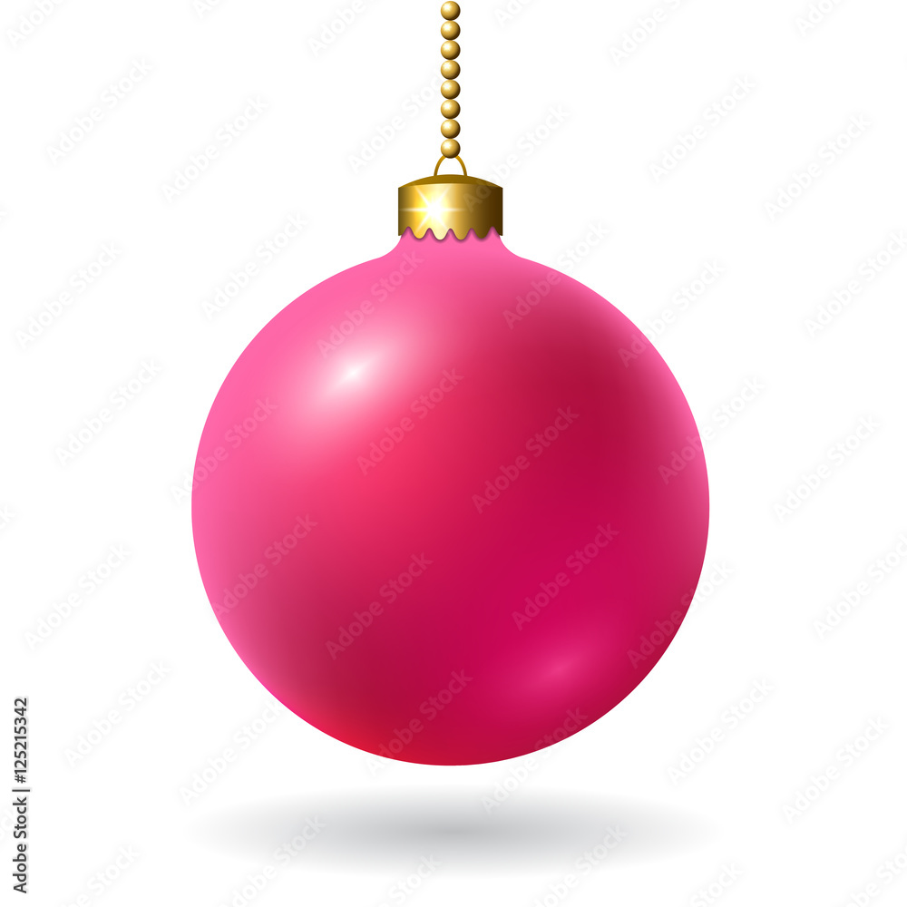 Merry Christmas 3D ball decoration. Pink with gold bauble, isolated on white background. Bright shiny decorative holiday design. Symbol of Xmas, Happy New Year celebration. Vector illustration Merry Christmas 3D ball decoration. Pink with gold bauble, isolated on white background. Bright shiny decorative holiday design. Symbol of Xmas, Happy New Year celebration. Vector illustration