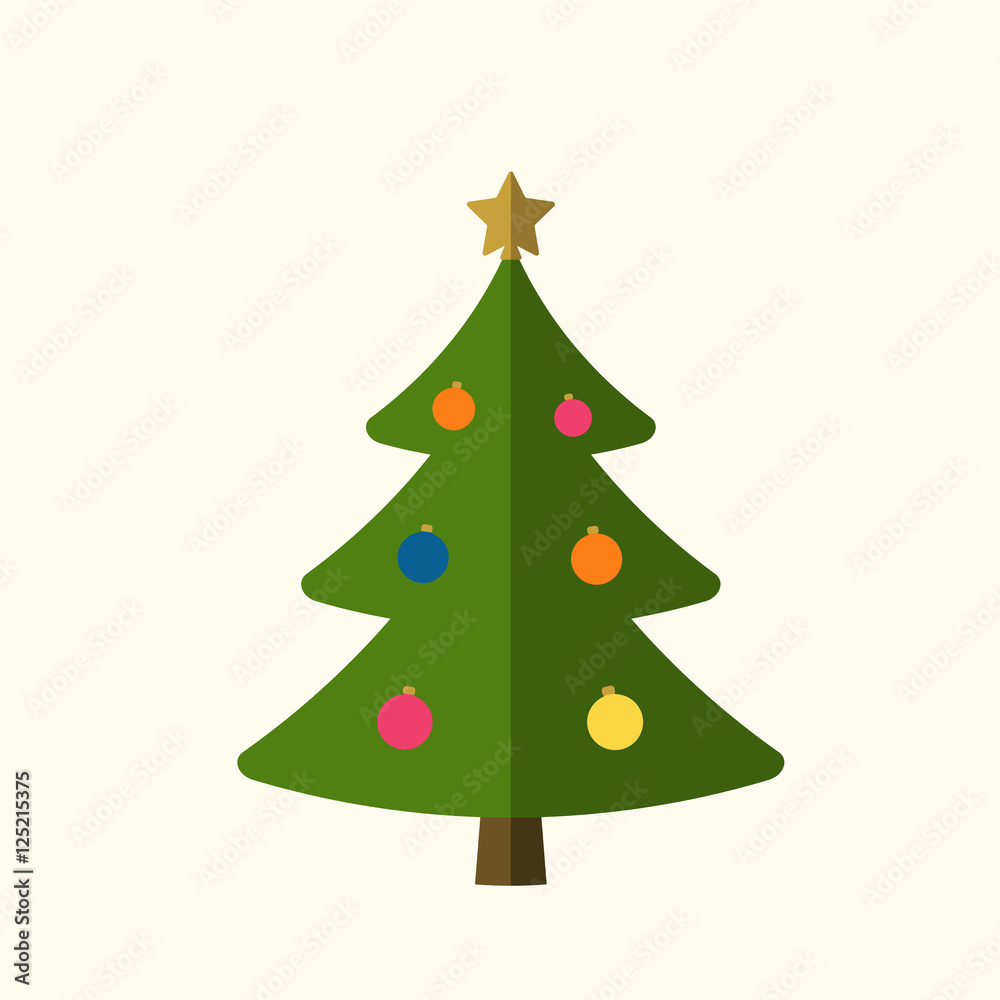 Christmas tree with balls, star. Cartoon icon. Green silhouette decoration sign, isolated on white background. Flat design. Symbol of holiday, Christmas, New Year celebration. Vector illustration Christmas tree with balls, star. Cartoon icon. Green silhouette decoration sign, isolated on white background. Flat design. Symbol of holiday, Christmas, New Year celebration. Vector illustration