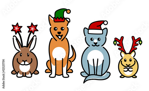 Four cute pet animals wearing Christmas novelty hats