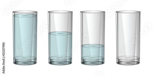 A full glass and an empty glass of water.Transparent glass. On a white background.