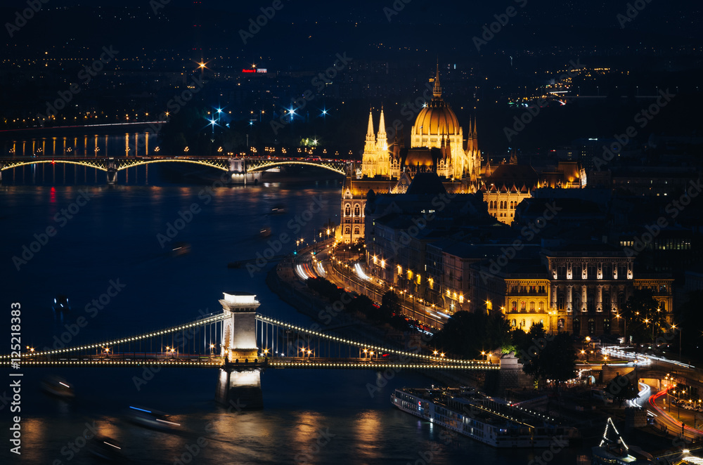 Panoramic View of Budapest and the Danube River from Gellert Hill Lookout Point at Twilight