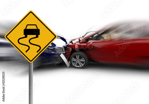 Two cars accident with a yellow sign