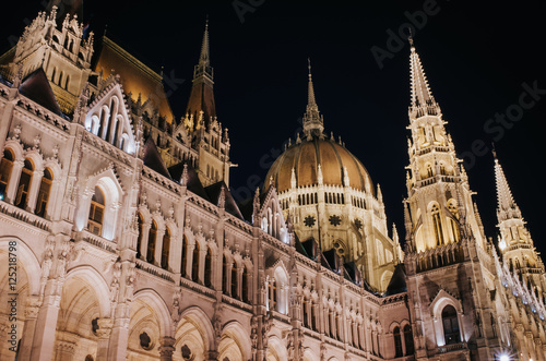 View of the Parliament architectural elements in Budapest at night. © mykolastock