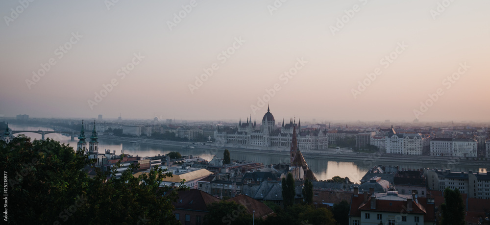 Budapest morning sunrise view panorama. View from fishermen bastion.