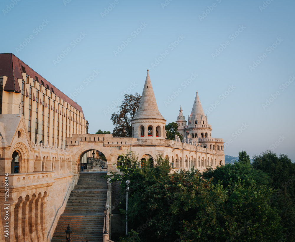 Fishermen bastion morning sunrise view panorama in Budapest, Hungary