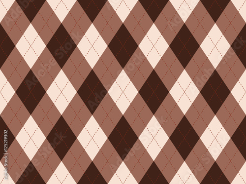 Seamless argyle pattern. Tan, taupe & dark brown diamond check print. Traditional diagonal checkered background for textile design: argyle socks, polo, jersey, sweater, golf & curling sport outfits.