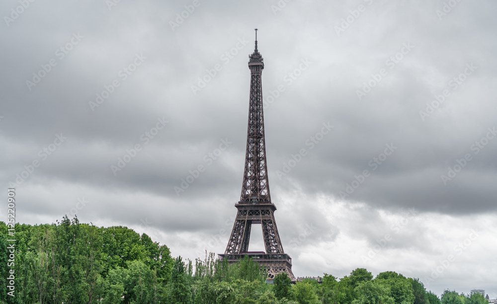 Fototapeta premium The Eiffel Tower over trees, stormy clouds