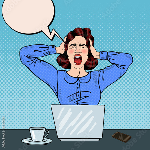 Pop Art Angry Frustrated Woman Screaming at Office Work. Vector illustration