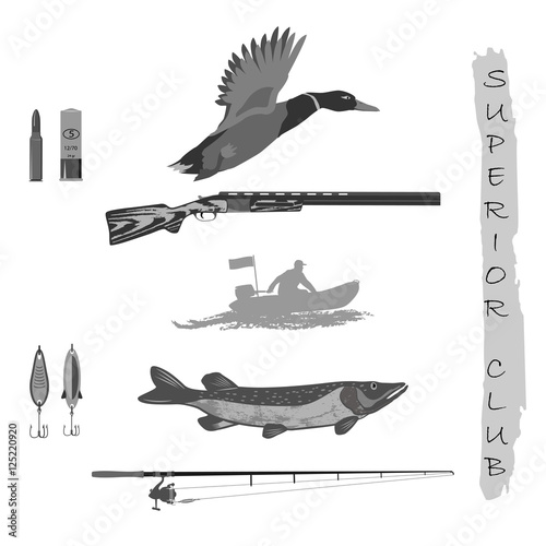 set for fishermen and hunters. rifle and duck. Spinning and fish. a man in a rubber boat. Isolate on white background.
