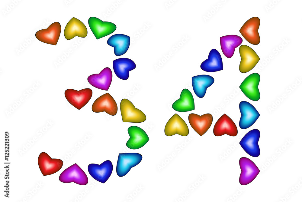 Number 34, thirty four of colorful hearts on white