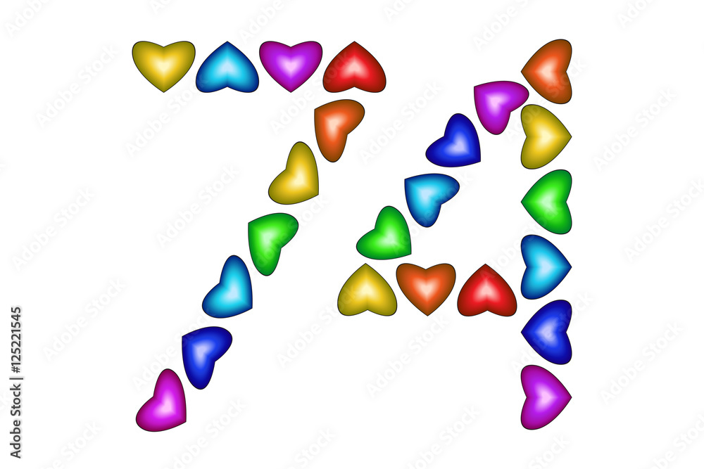 Number 74 seventy four of colorful hearts on white