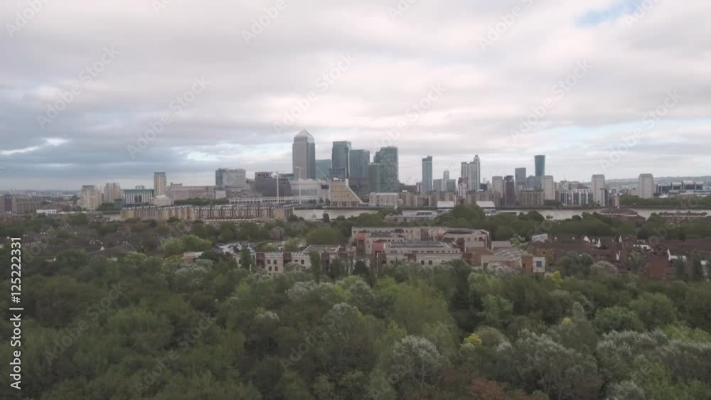 Aerial push out view of the financial district of the Docklands in London Aerial push out view of the financial district of the Docklands in London