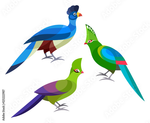 Stylized Birds - Great Blue Turaco, Livingstone's Turaco, Green Turaco © Egret77