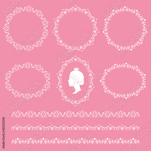 Fotografia Set collections of cameo featuring the silhouette  a woman, vintage lacy borders and frames