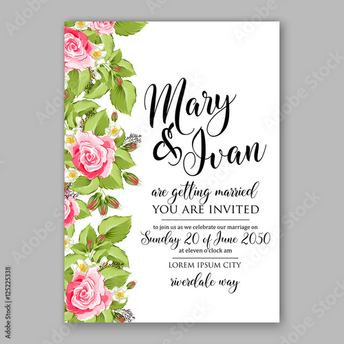 Romantic pink rose bridal bouquet Wedding invitation template design wreath rose