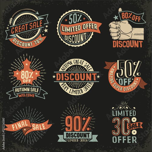Vintage retro signs emblem for discounts, sales - color version on a black background. Vector layered illustration.