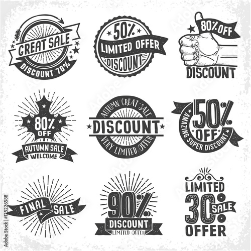 Discounts seasonal sales logos, labels, badges. Limited Offer. Vintage retro vector monochrome illustration. Grunge texture on a separate layer.