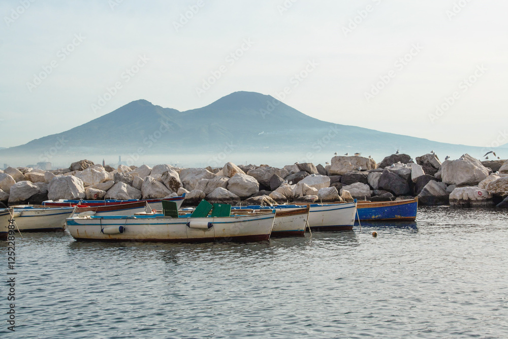 Landscape of Naples gulf, fishermen's boats  and mount Veusvius 