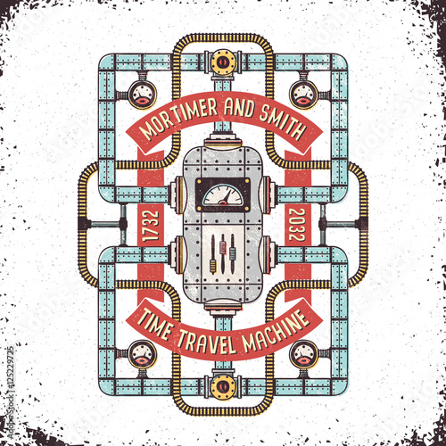 Steampunk fantastic time machine in a grunge design. Vector layered illustration.
