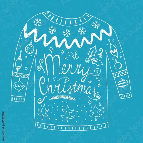 Sweater with text "merry christmas" and different christmas orna