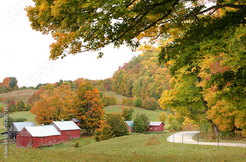 Old Red Barn and Colorful Fall Foliage in Woodstock, Vermont, USA