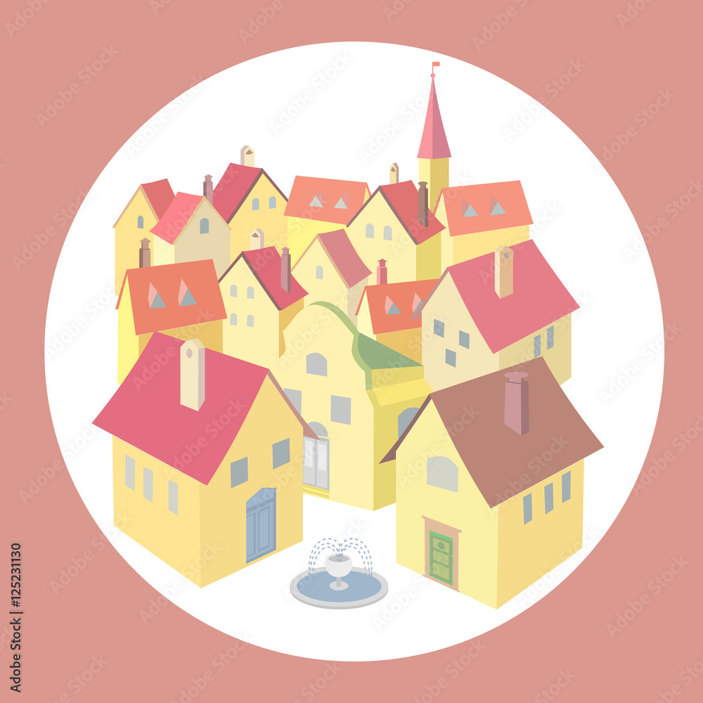 Old city concept. Flat design of retro urban landscape. Old town street with buildings. Houses isolated on white. Background for historical place banner, poster in vintage style. Vector illustration.