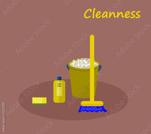 Tools for cleaning: a green bucket with soapy foam, broom with yellow handle and blue bristles and green bottle of detergent with a blue cover. Vector illustration 
