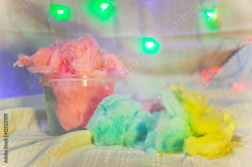 colorful cotton candy in a bucket close up