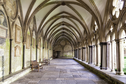 Image of the external covered walkway of the Salisbury Cathedral Cloisters. An exterior walkway around the outside of the Cathedral. photo