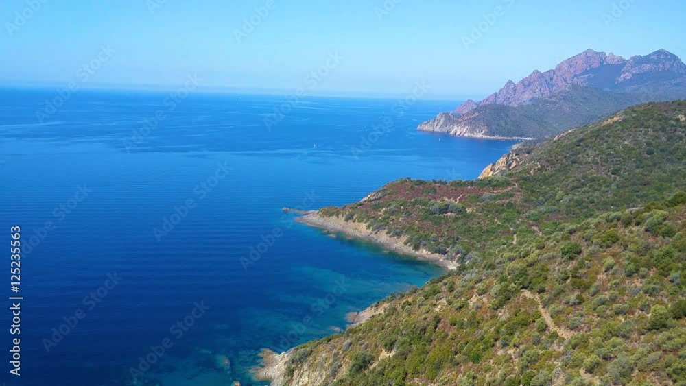 View from famous D81 coastal road with view of Golfe de Girolata from Bocca Di Palmarella, Corsica, France, Europe