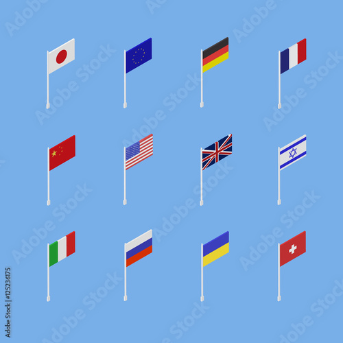 Set of flags of different countries is an isometric 3D. Vector illustration .