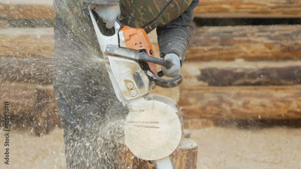 Builder handles wooden timber chainsaw. Against the background is part of the future of the house made of wooden beams, slow motion