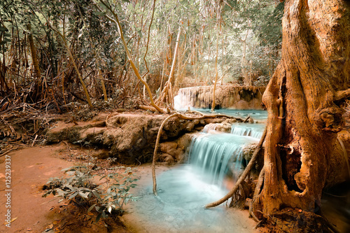 Fantasy jangle landscape with turquoise waterfall at deep tropical rain forest. Concept  for mysterious nature background