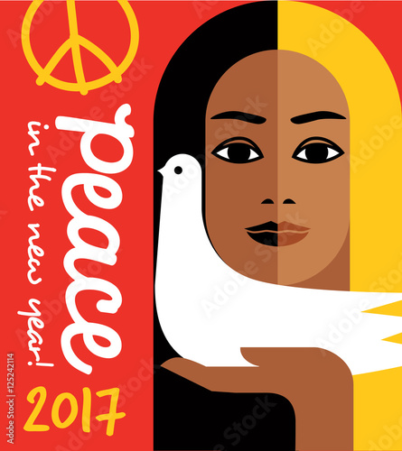 retro style 2017 new year design with peace message and girl holding a dove. For posters, cards, banners.