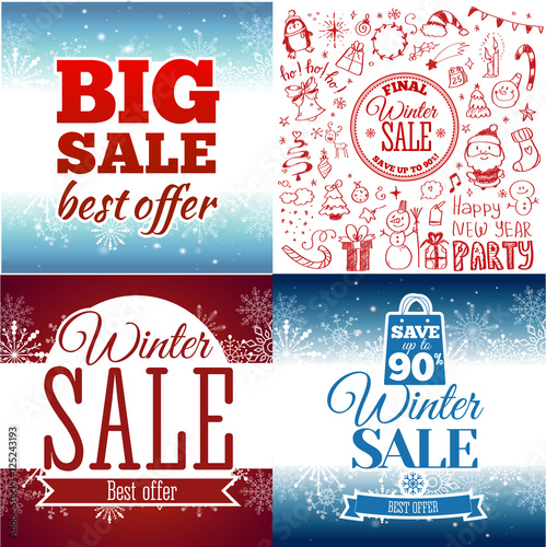 Winter sale poster set. Vector illustration.