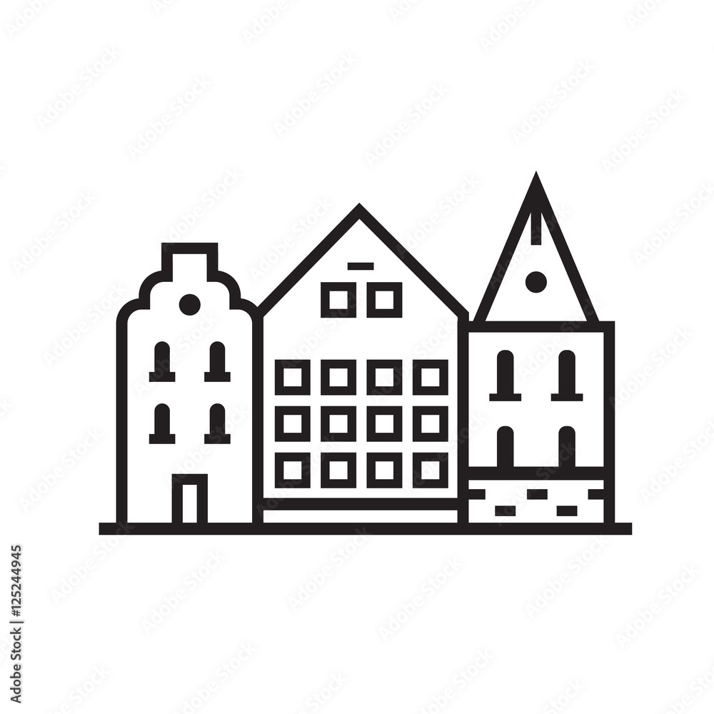 Europe street and house emblem. Danish or sweden townhouse emblem. Historic town houses logo. Downtown street outline design.