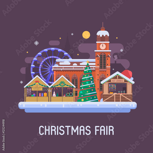 Christmas fair in winter town square. Traditional europe christmas market with souvenir stalls, Xmas tree, gift shops, ferris wheel and cathedral. Christmas city flat landscape by Eve night.