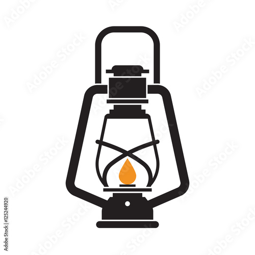 Obraz na płótnie Vintage camping lantern silhouette isolated on white background. Retro gas lamp with glowing fire wick. Flat tourist oil lantern outline vector illustration. Old lamp for hiking. w salonie