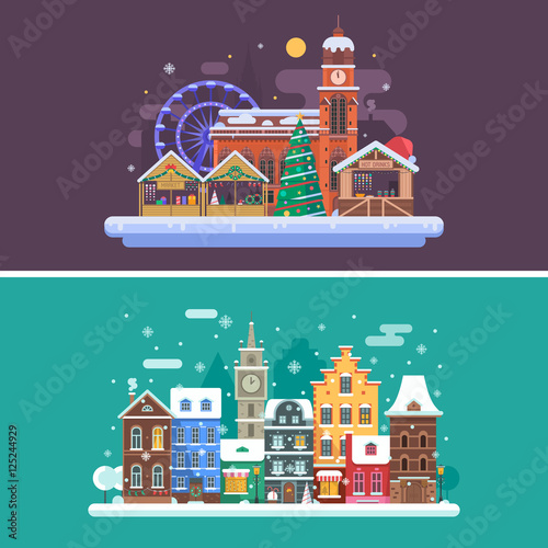Christmas city backgrounds with winter town and christmas market. Winter city street and Christmas fair flat landscape banners with traditional europe houses, cathedral, Xmas tree and souvenir shops.