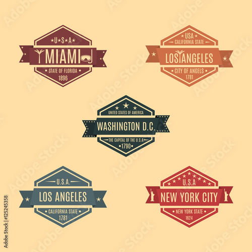 Set hexagonal emblem with the name of US cities, vector illustration.