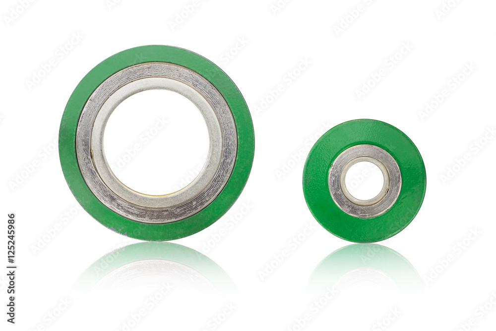Spiral wound gasket stainless steel outer ring graphite in inner ring isolate on white background.
