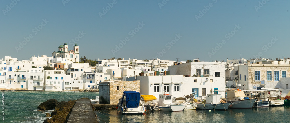 Graphic Naoussa's port at Paros island in Greece. A famous touristic destination.
