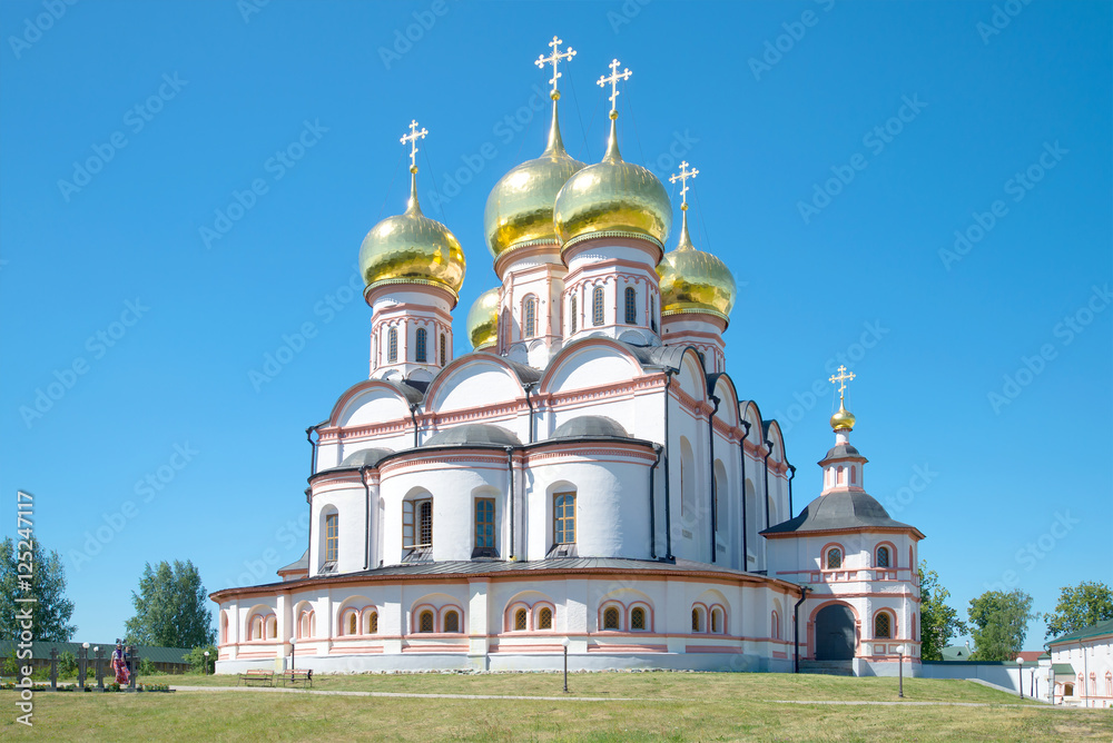 Cathedral of the Icon of the Mother of God Iverskaya close up in the sunny July afternoon. Valdai Iversky Svyatoozersky Bogoroditsky monastery, Russia