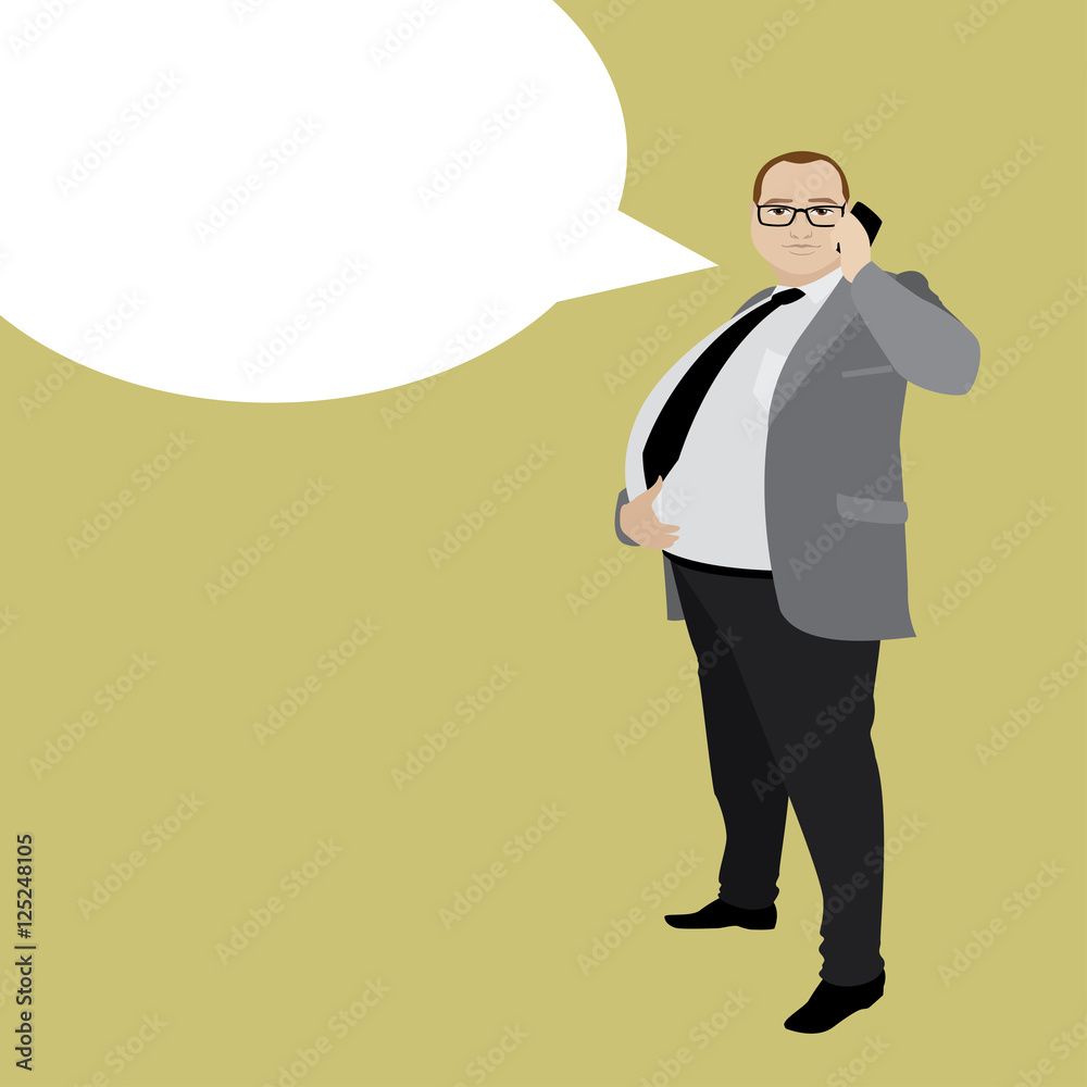 cartoon fat businessman with cell phone and speech bubble. cartoon fat businessman with cell phone and speech bubble.