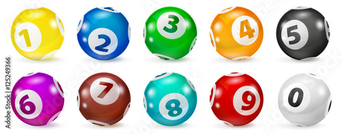 Lottery Number Balls. Colored balls isolated. Bingo ball. Bingo balls with numbers. Set of colored balls. Lotto concept. Bingo balls set.