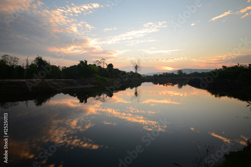 Thailand Landscape : Morning sun with sky reflection on surface of lake