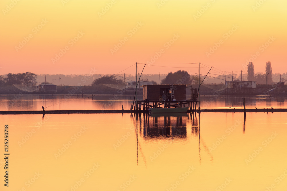 Valli di Comacchio sunset Ferrara Emilia Romagna Italy Valli di Comacchio sunset Ferrara Emilia Romagna Italy