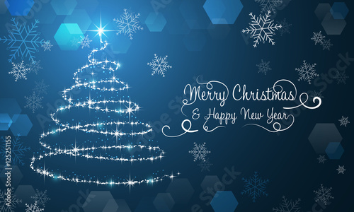 Christmas wallpaper with snowflakes, Christmas tree and decorative wishing.