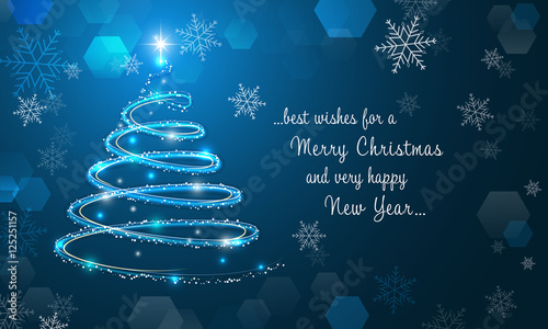 Shiny Christmas tree and snowflakes on blue winter background. Merry Christmas and Happy New Year wallpaper.